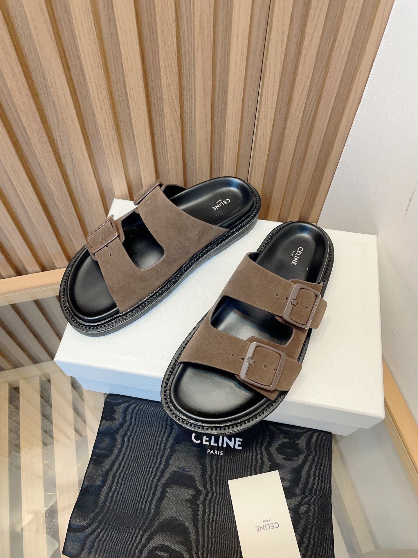 TWIN-STRAP SANDALS WITH SUEDE UPPERS AND BUCKLE CLOSURE BROWN