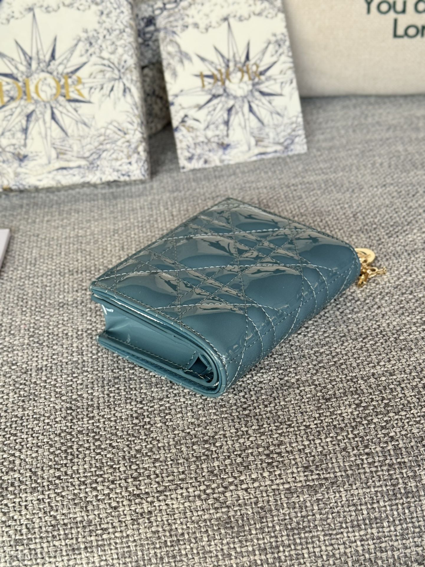 CD Caro 11cm Compact Wallet Shiny Teal Calfskin