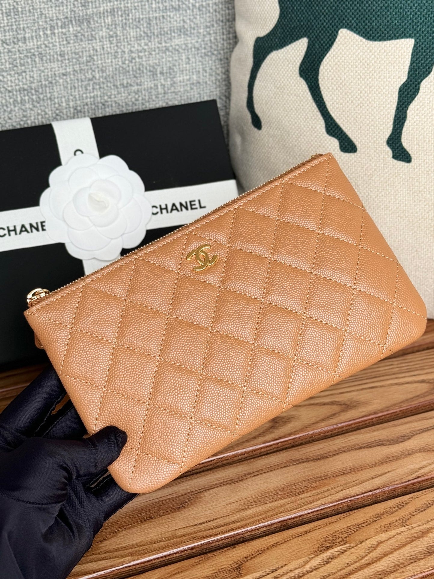 cc zipped wallet 20cm brown quilted caviar gold hardware