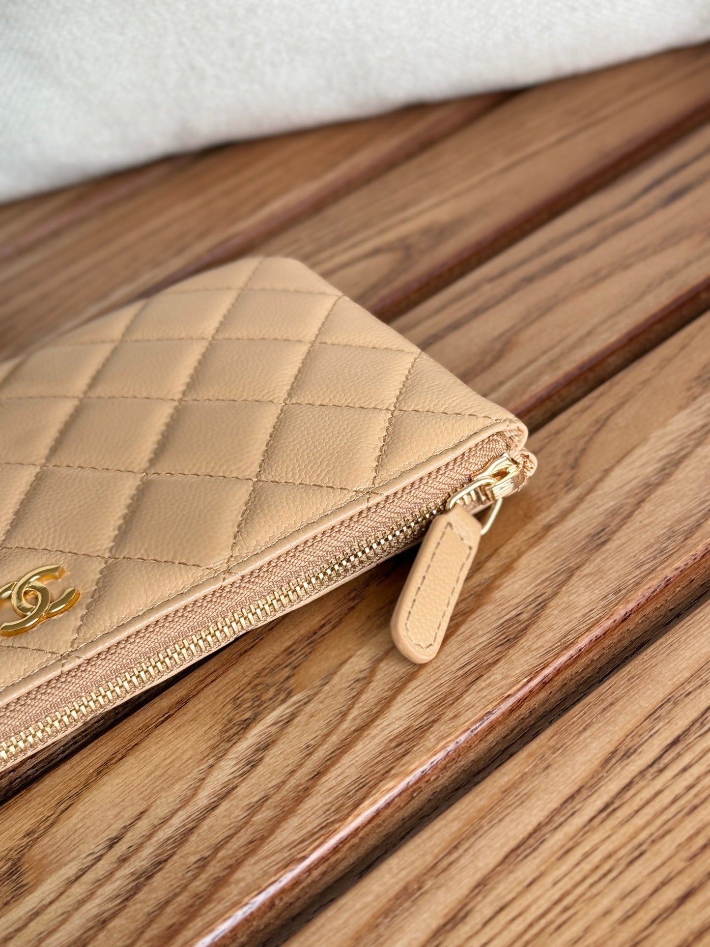 cc zipped wallet 20cm dark beige quilted caviar gold hardware