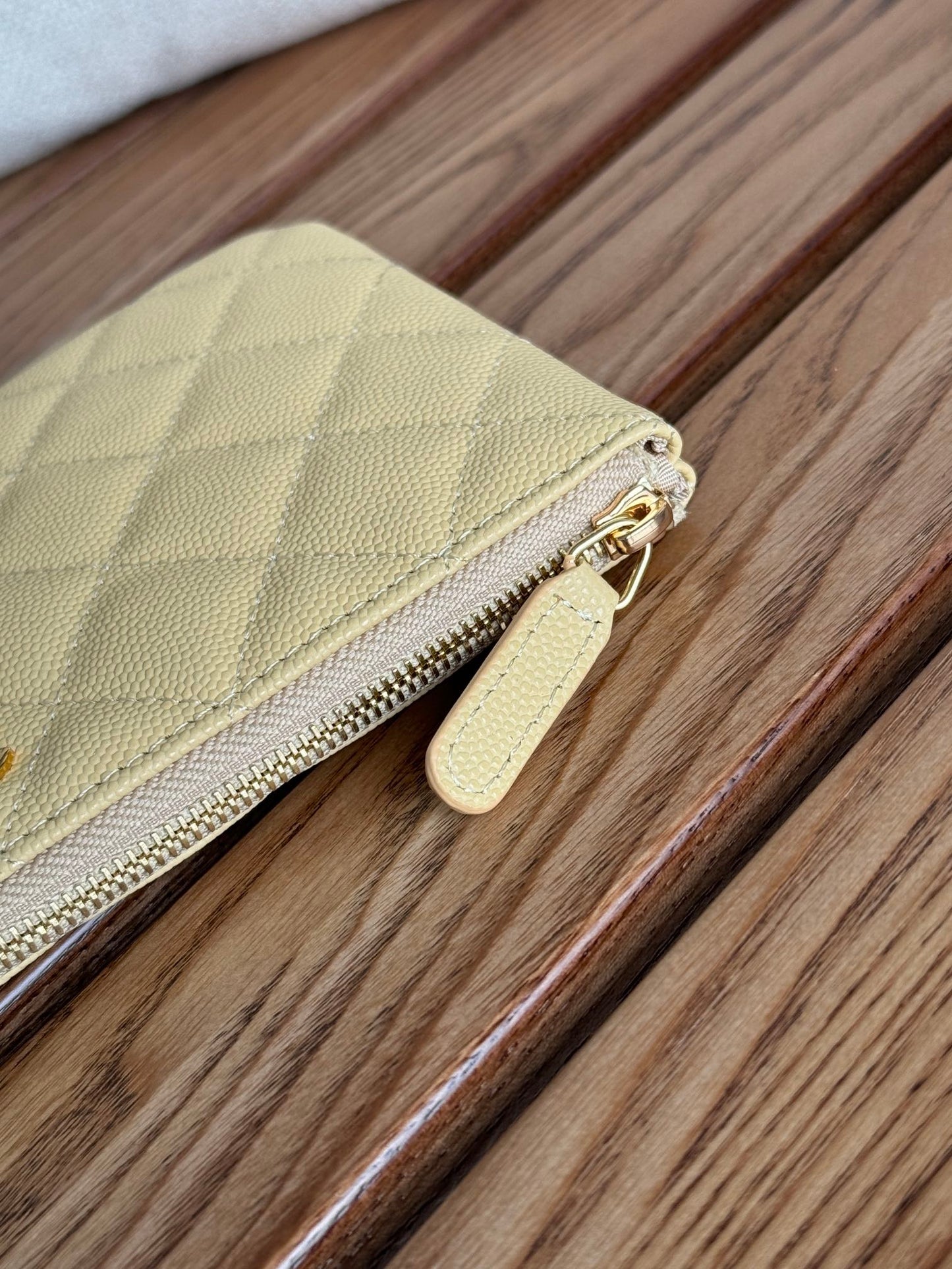 cc zipped wallet 20cm light yellow quilted caviar gold hardware