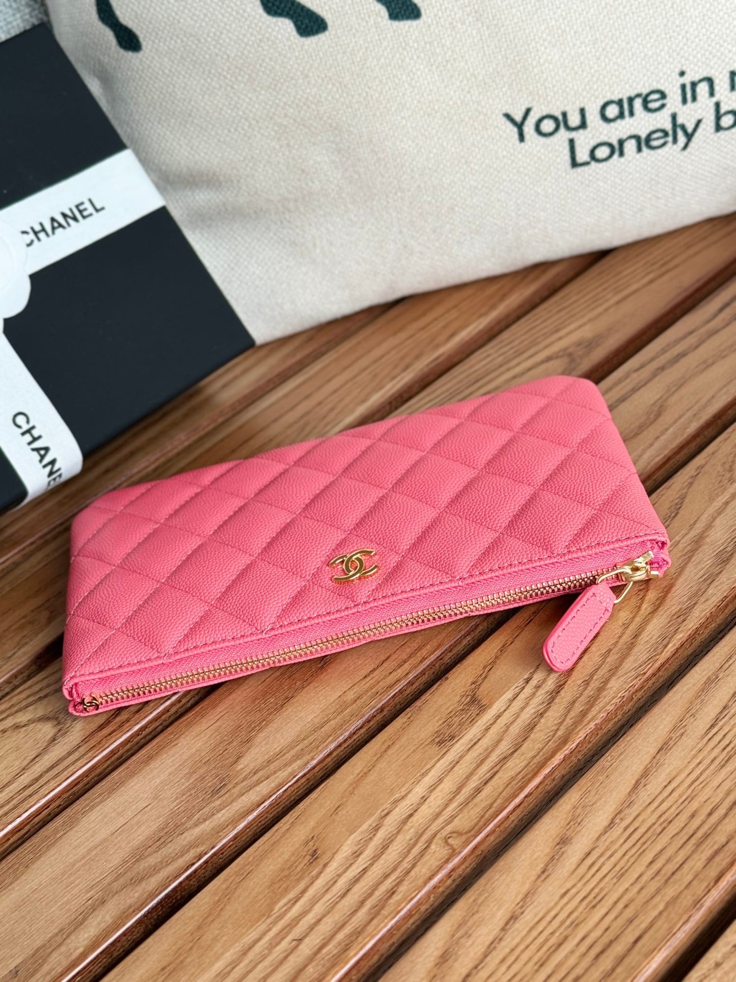 cc zipped wallet 20cm dark pink quilted caviar gold hardware