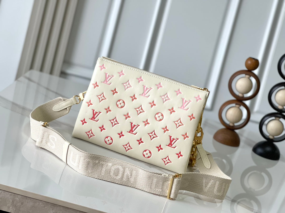 COUSSIN PM 26 IN CREAM RED MONOGRAM EMBOSSED LAMBSKIN GOLD HARDWARE