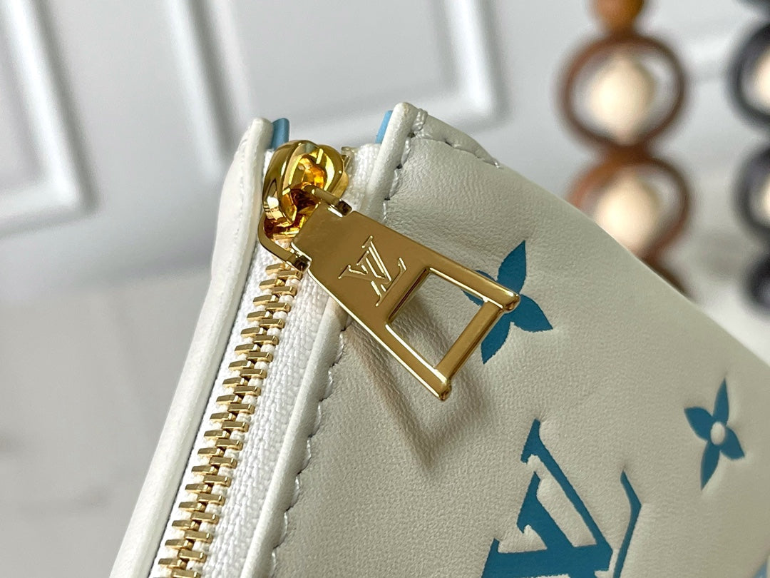 COUSSIN PM 26 IN WHITE BLUE MONOGRAM EMBOSSED LAMBSKIN GOLD HARDWARE