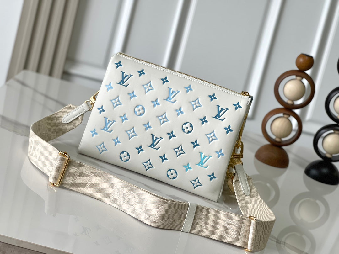 COUSSIN PM 26 IN WHITE BLUE MONOGRAM EMBOSSED LAMBSKIN GOLD HARDWARE