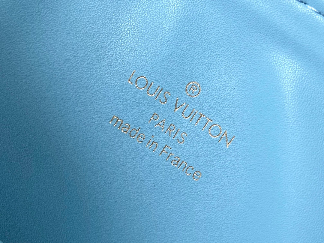 COUSSIN PM 26 IN WHITE BLUE MONOGRAM EMBOSSED LAMBSKIN GOLD HARDWARE