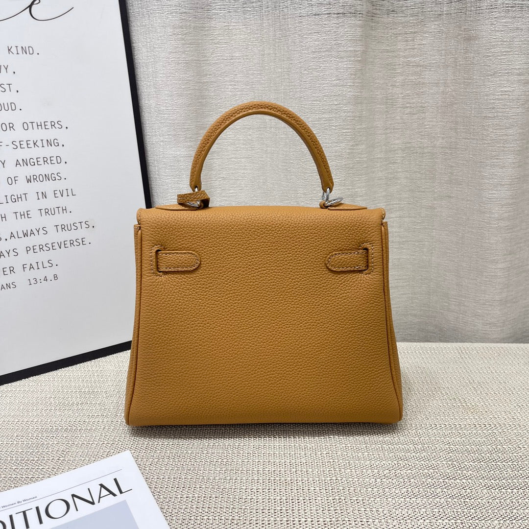 HM Kelly 25cm Brown Togo Leather Silver Hardware