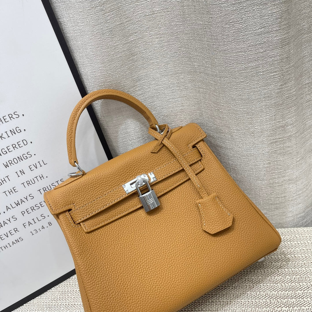 HM Kelly 25cm Brown Togo Leather Silver Hardware