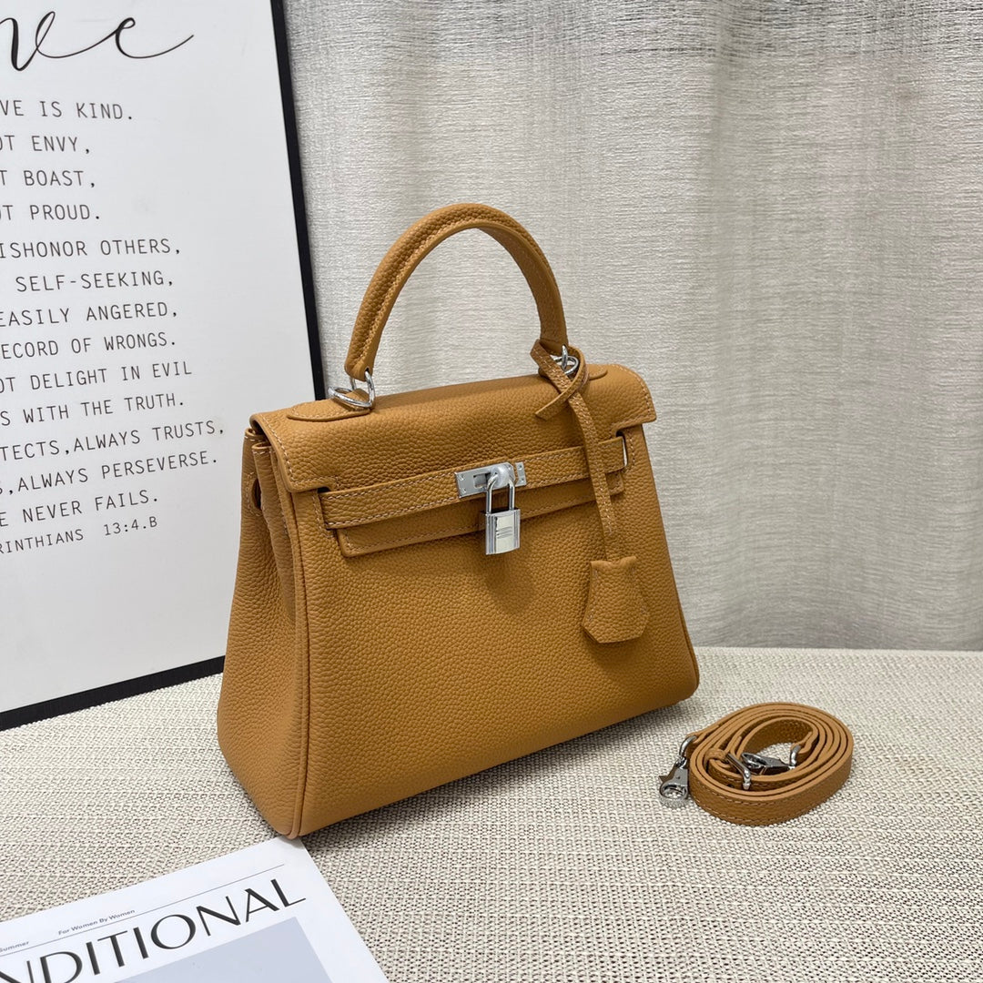 HM Kelly 25cm Brown Togo Leather Silver Hardware