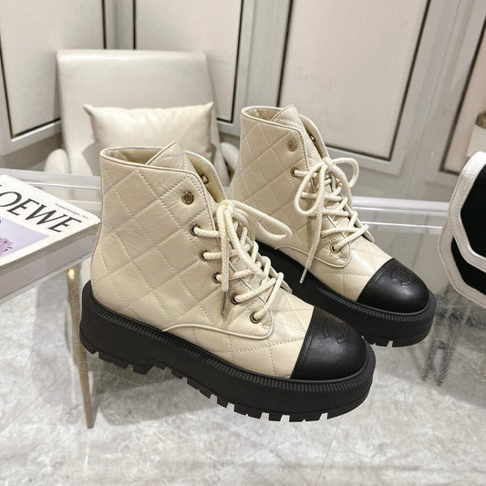 CC Combat Boots 50mm In Ivory White Mix Black Quilted Cowhide And Lambskin 944662