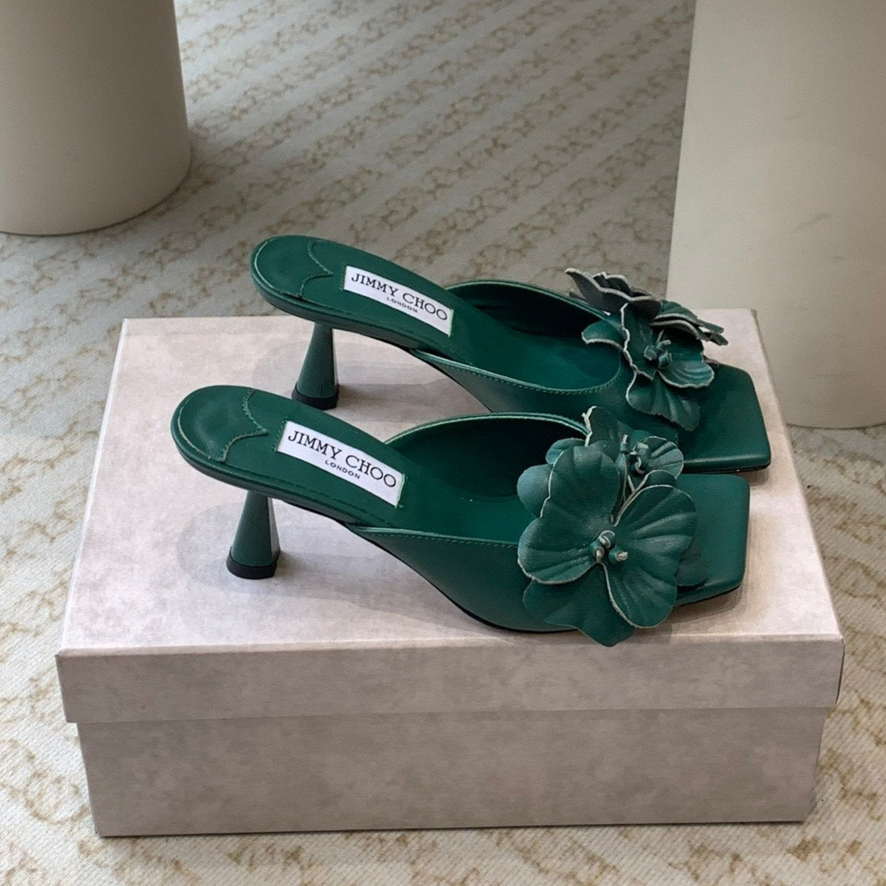 Jimmy Skye 70mm In Dark Green Cowhide Mules 586566