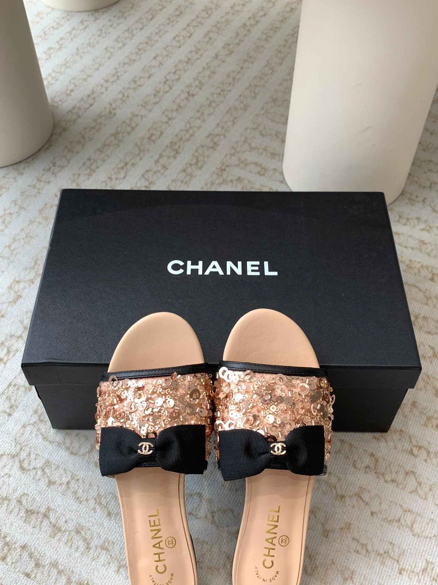 mule sandal beige calfskin glitter sequin