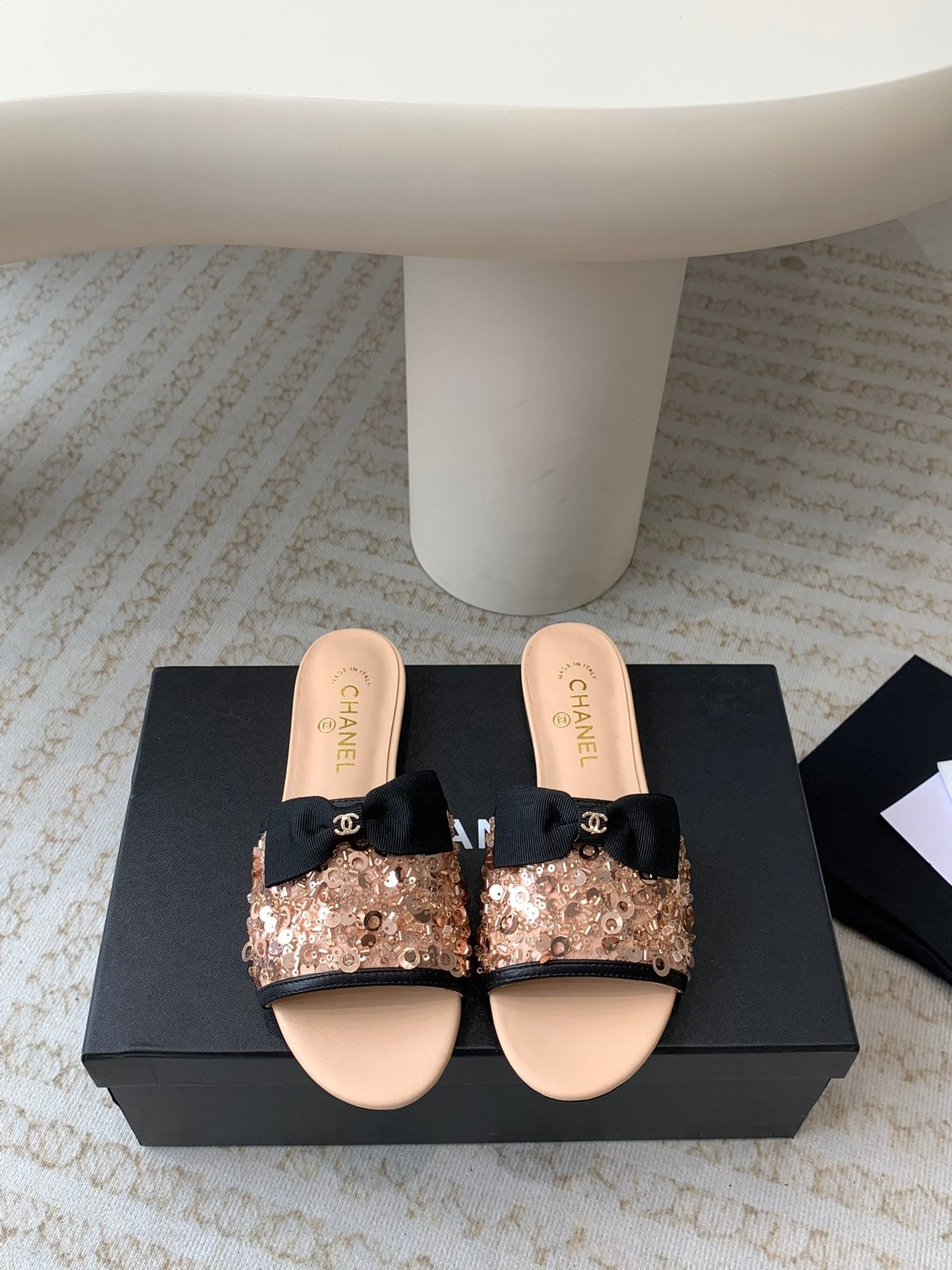 mule sandal beige calfskin glitter sequin