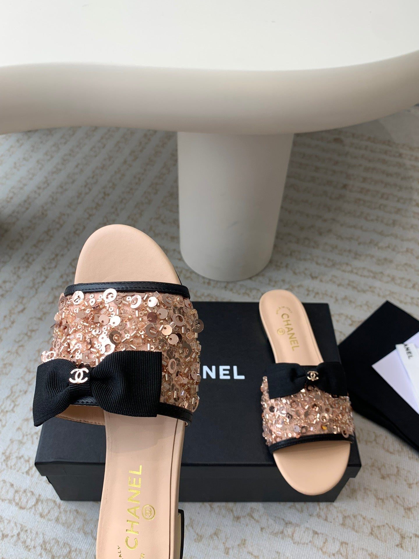 mule sandal beige calfskin glitter sequin