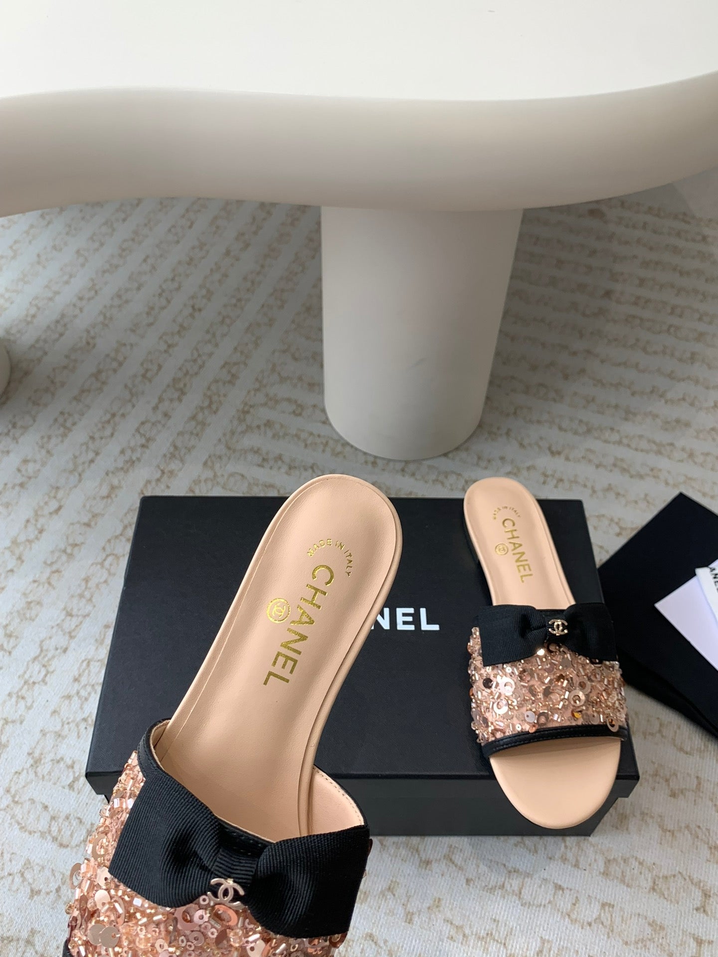 mule sandal beige calfskin glitter sequin