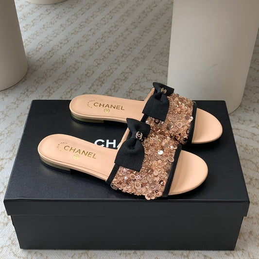 mule sandal beige calfskin glitter sequin