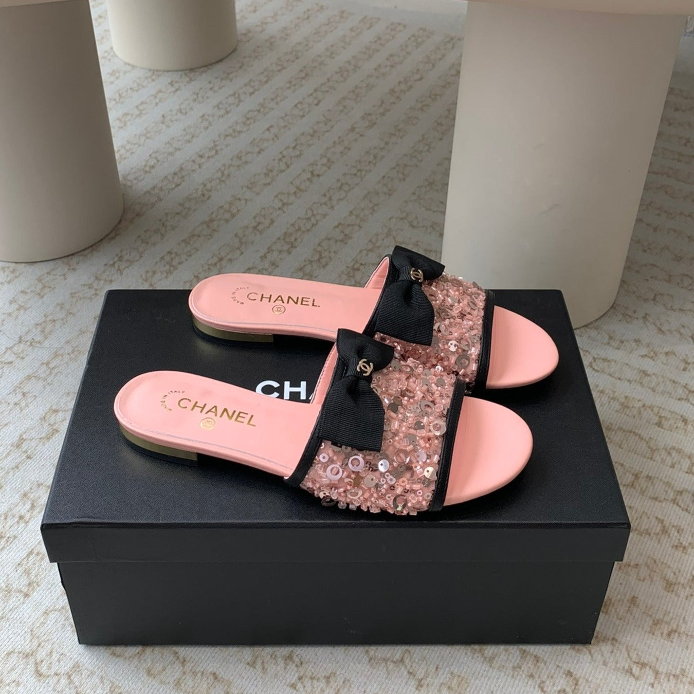 mule sandal pink calfskin glitter sequin