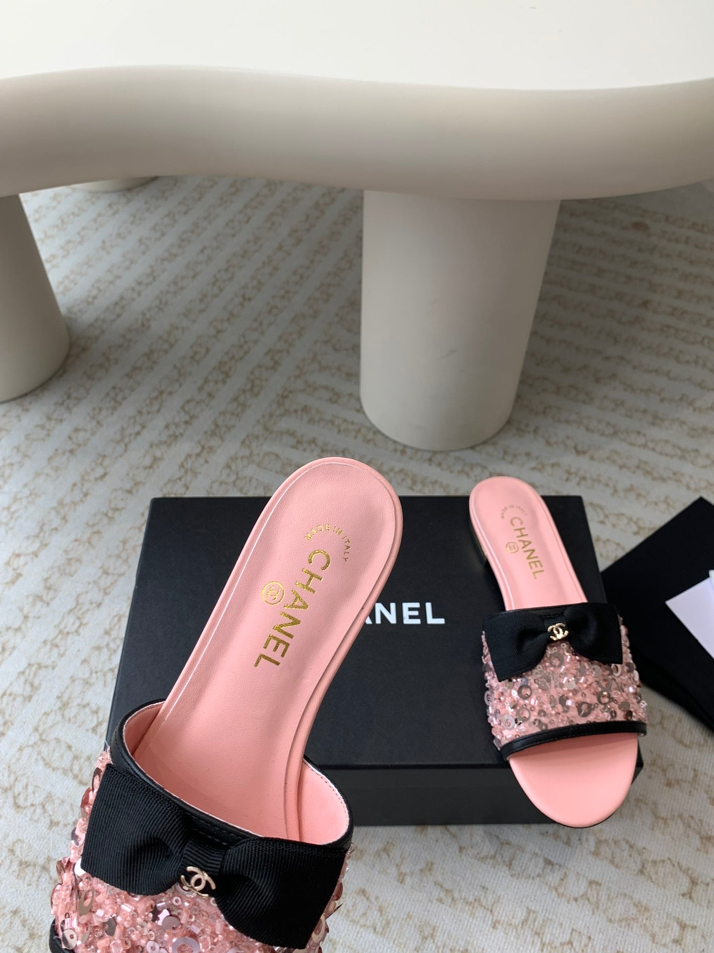 mule sandal pink calfskin glitter sequin