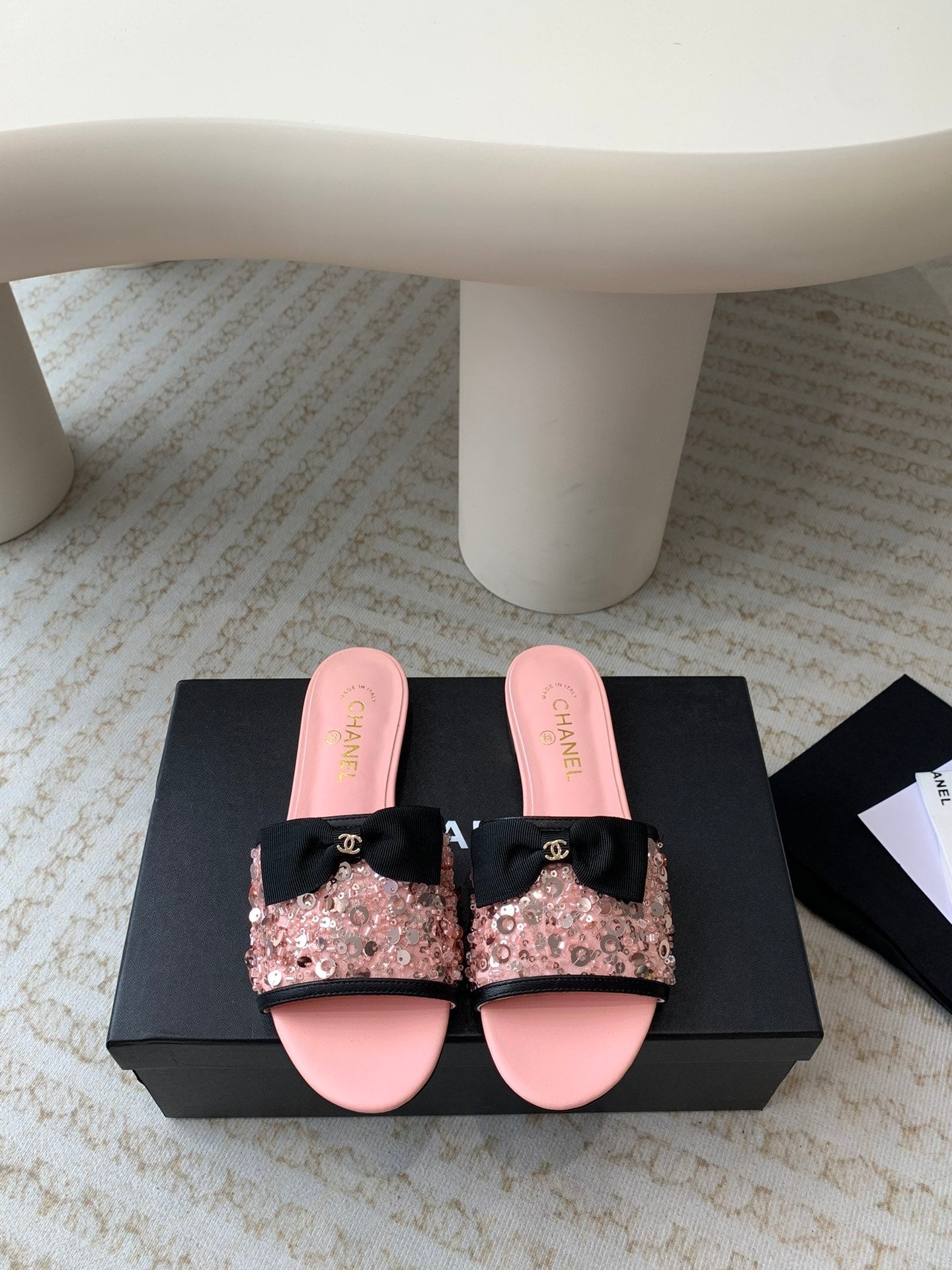 mule sandal pink calfskin glitter sequin