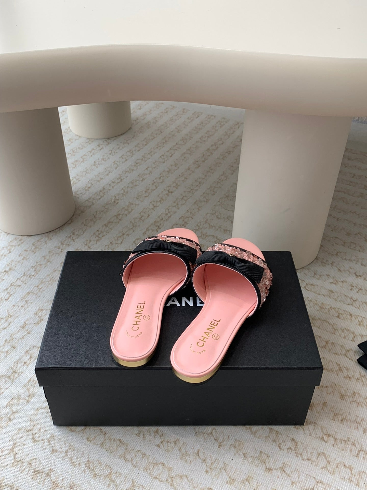 mule sandal pink calfskin glitter sequin