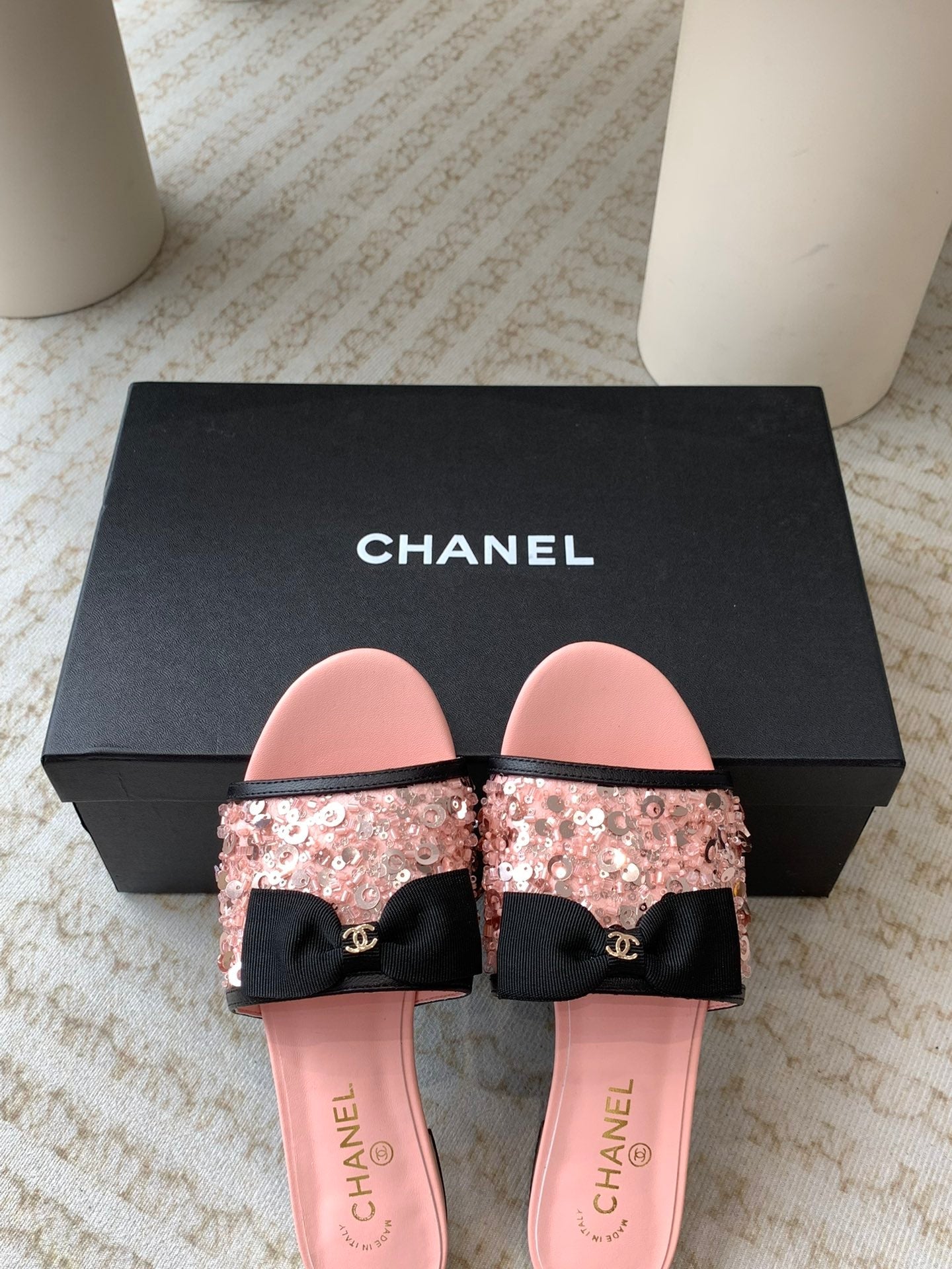 mule sandal pink calfskin glitter sequin