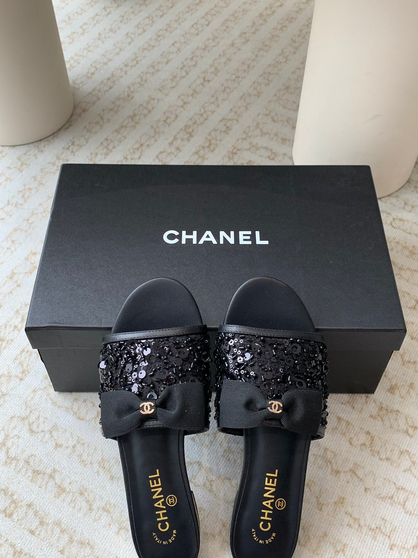 mule sandal black calfskin glitter sequin