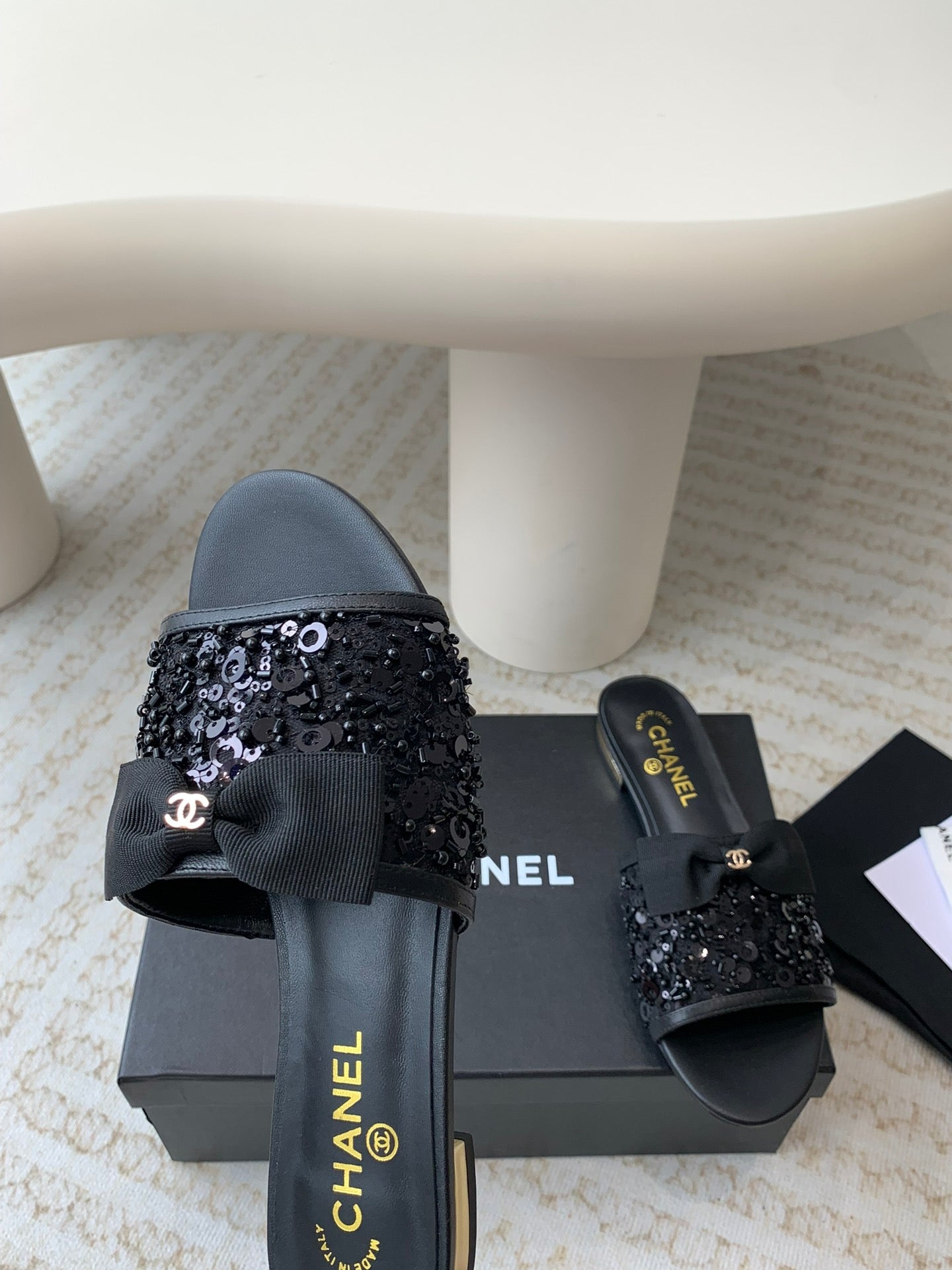 mule sandal black calfskin glitter sequin