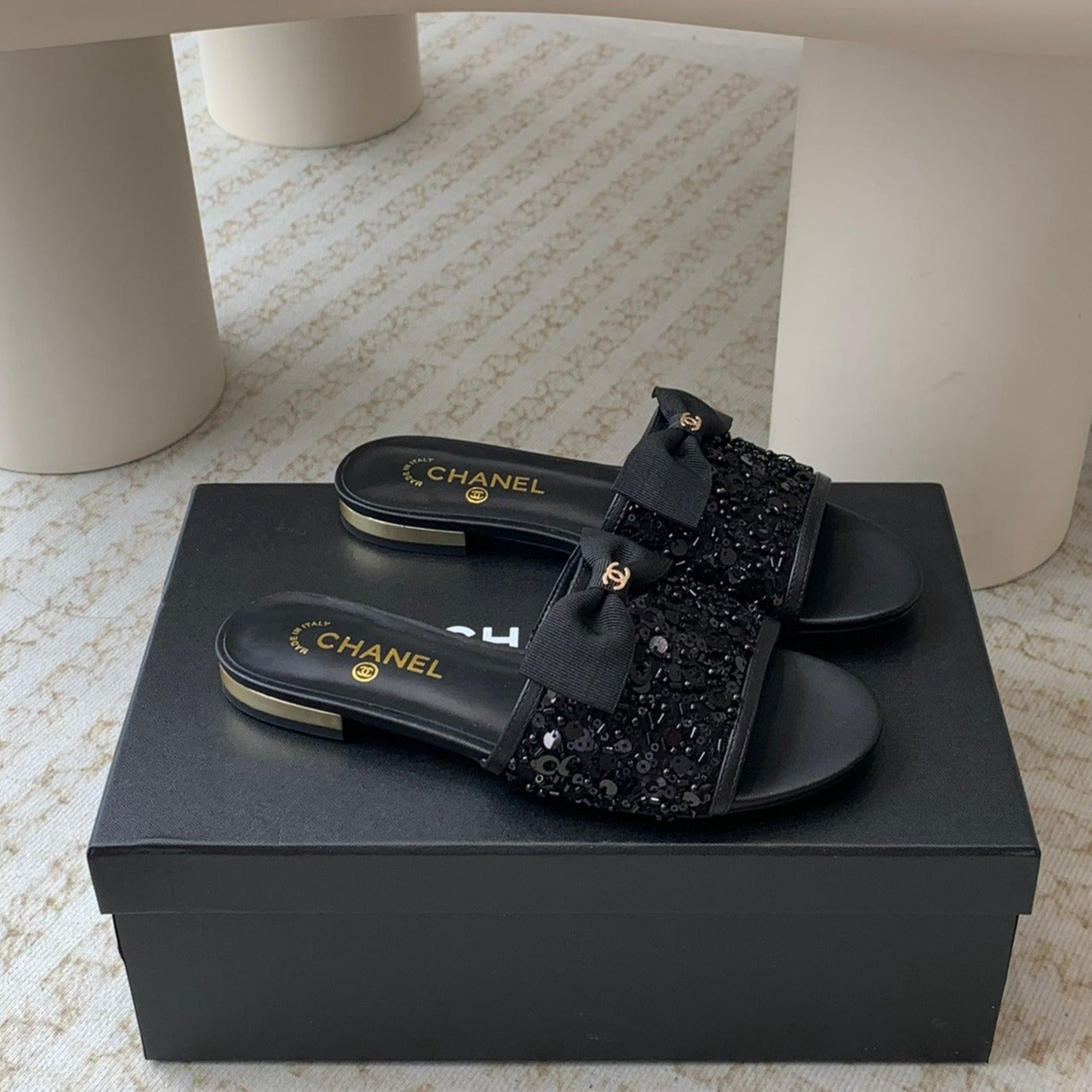 mule sandal black calfskin glitter sequin