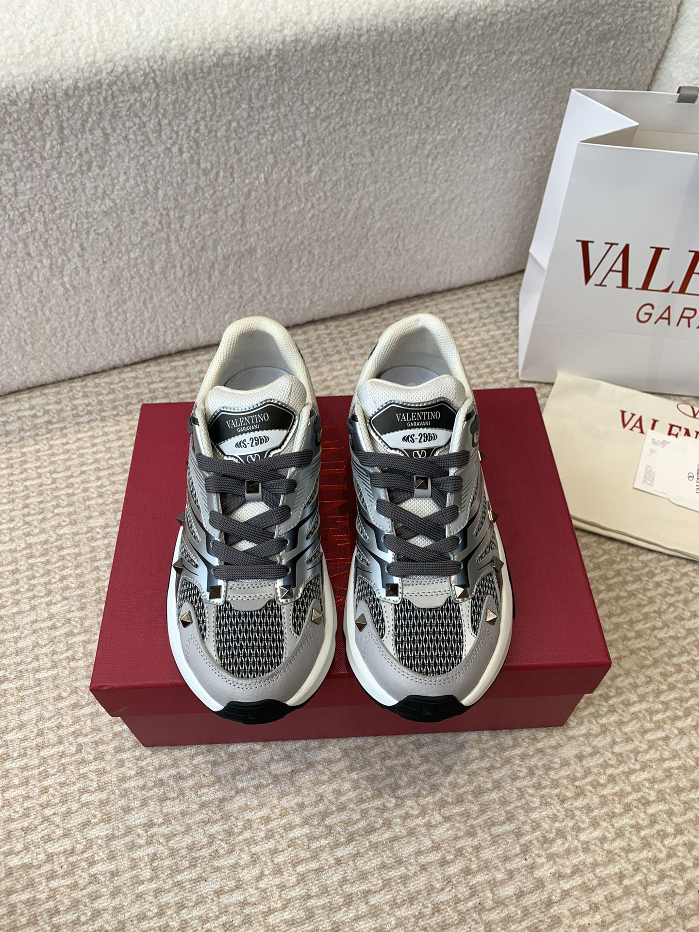 Valentino Sneaker 50mm In Black Mix Grey Blue Mesh Fabric And Cowhide 814272