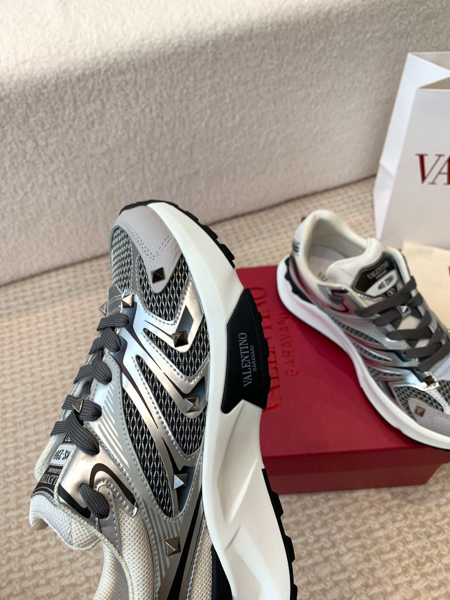 Valentino Sneaker 50mm In Black Mix Grey Blue Mesh Fabric And Cowhide 814272