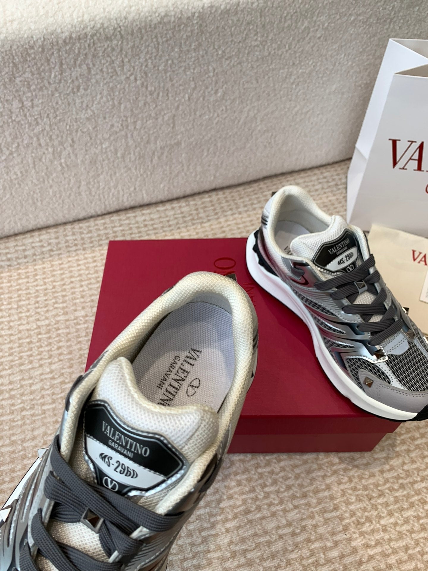 Valentino Sneaker 50mm In Black Mix Grey Blue Mesh Fabric And Cowhide 814272