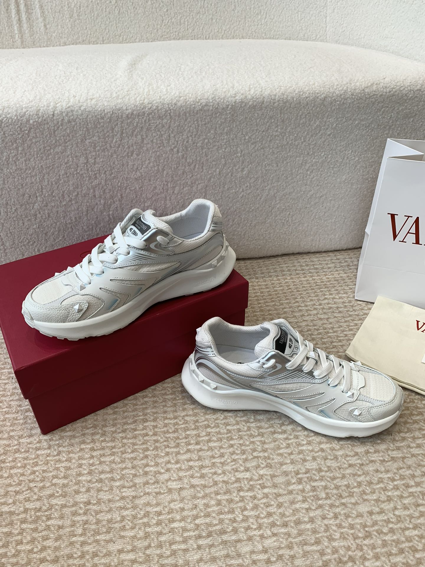 Valentino Sneaker 50mm In White Mix Grey Blue Mesh Fabric And Cowhide  814274