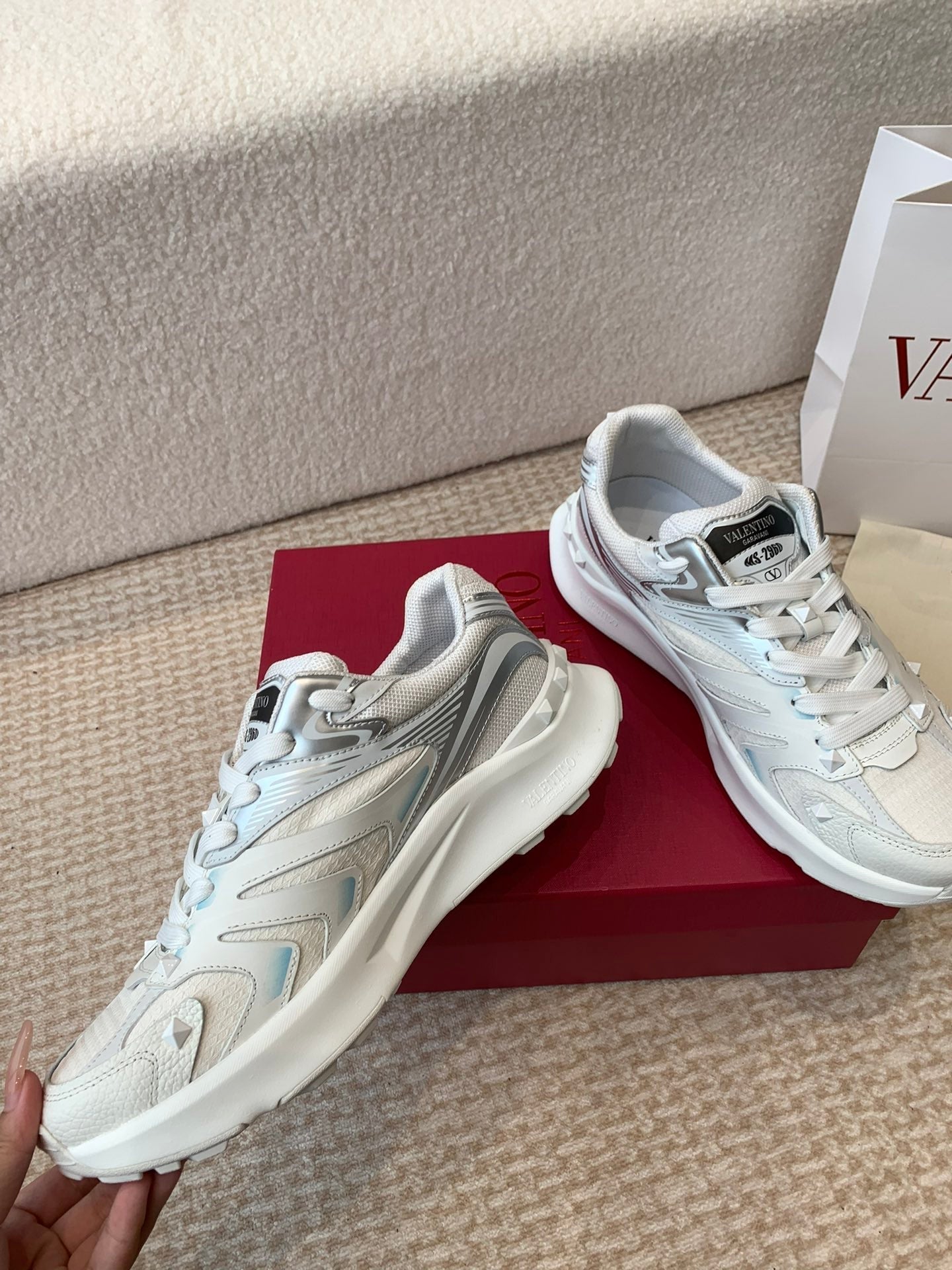 Valentino Sneaker 50mm In White Mix Grey Blue Mesh Fabric And Cowhide  814274