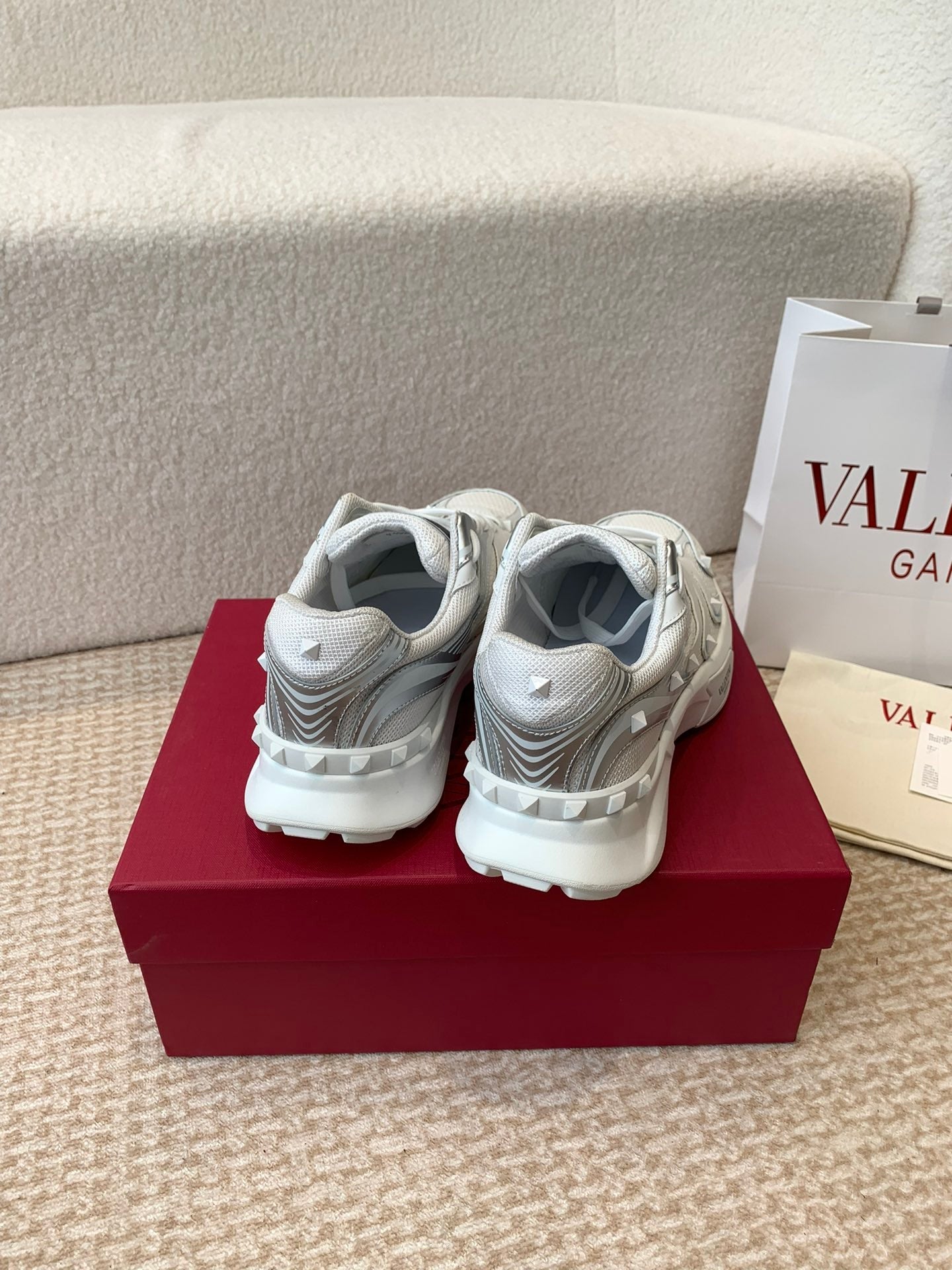 Valentino Sneaker 50mm In White Mix Grey Blue Mesh Fabric And Cowhide  814274