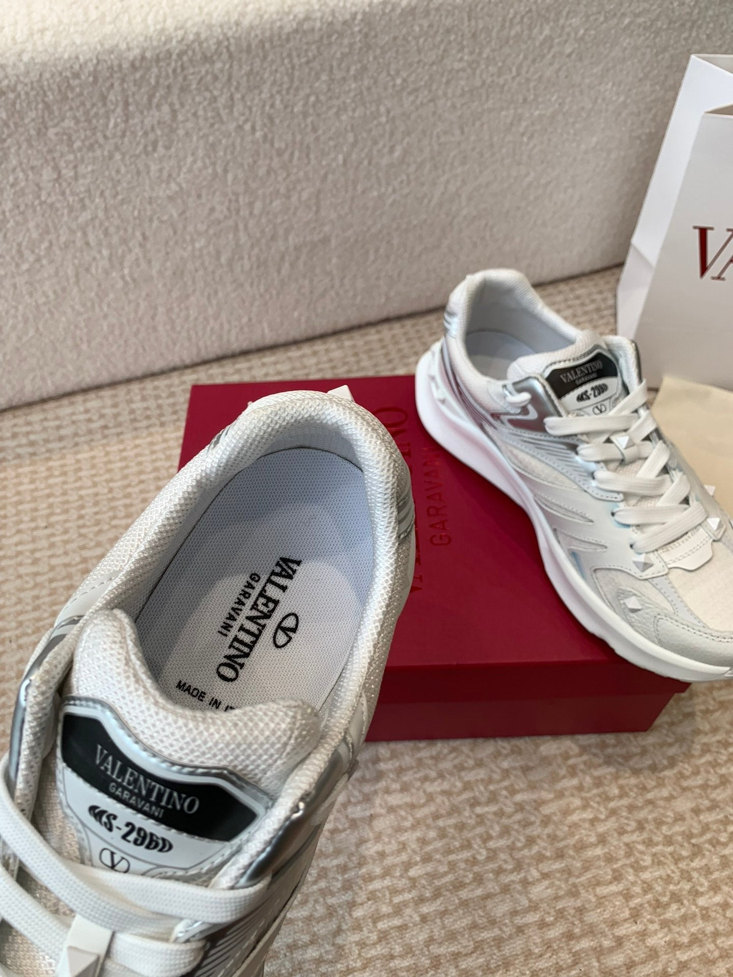 Valentino Sneaker 50mm In White Mix Grey Blue Mesh Fabric And Cowhide  814274