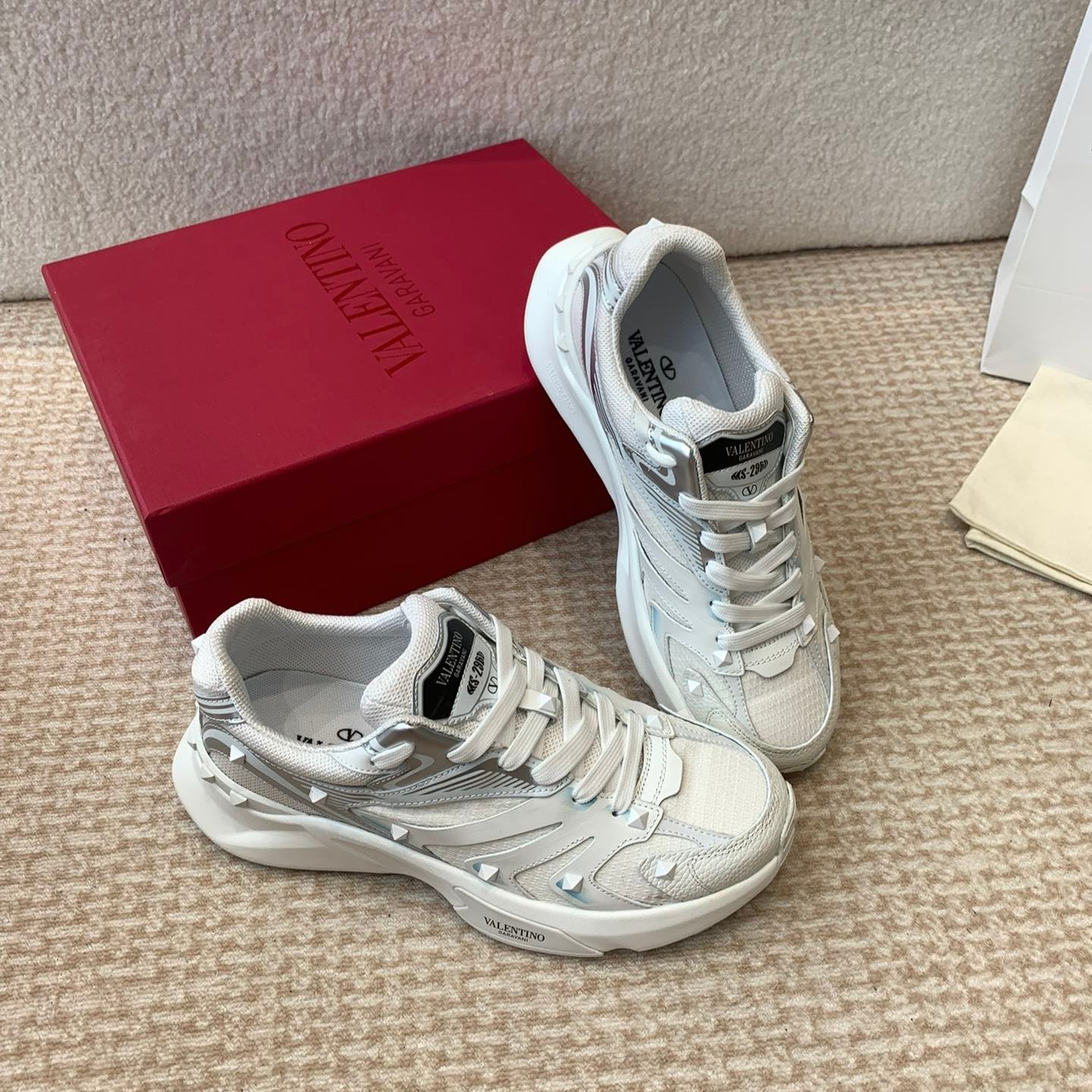 Valentino Sneaker 50mm In White Mix Grey Blue Mesh Fabric And Cowhide  814274