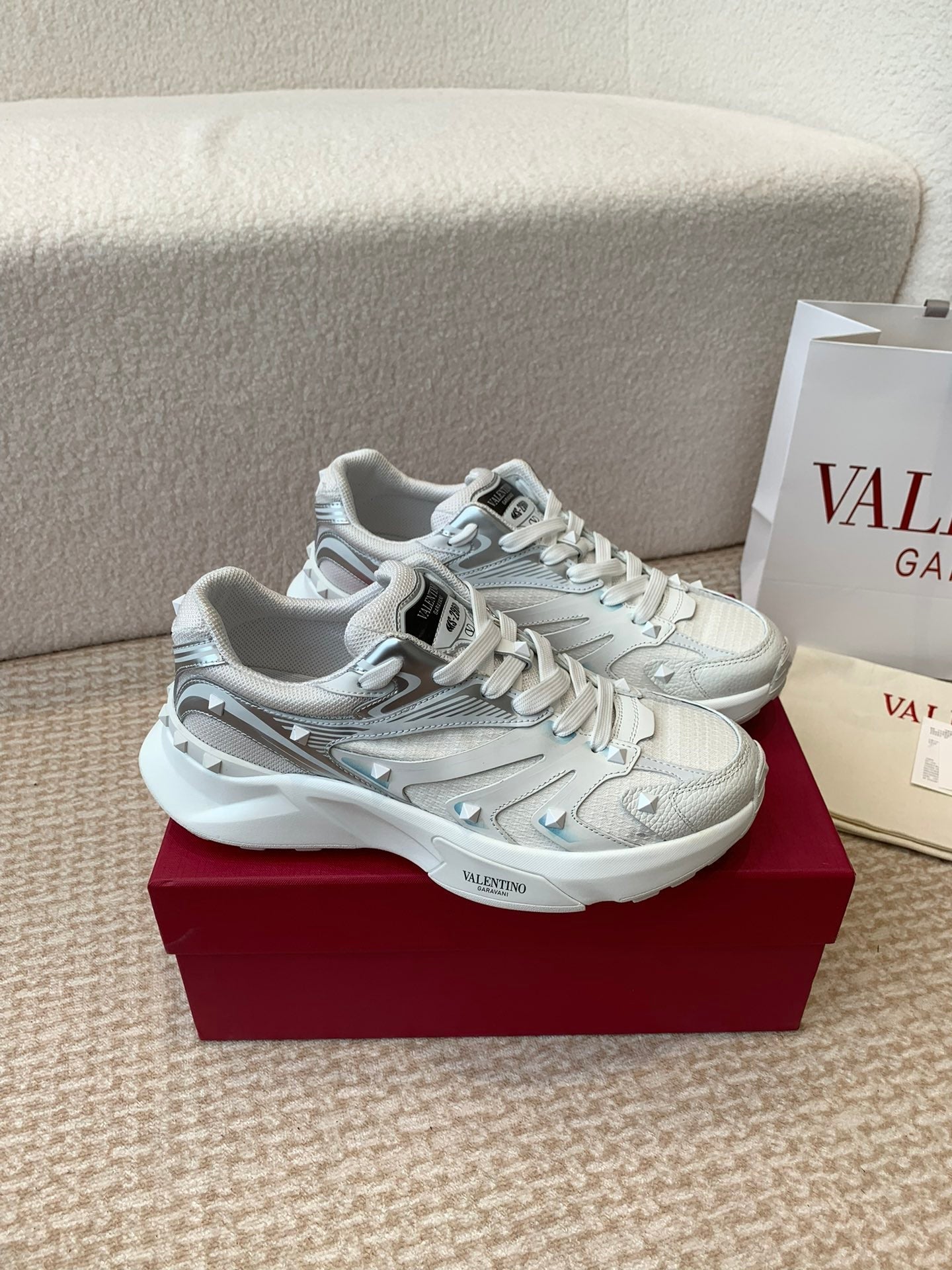 Valentino Sneaker 50mm In White Mix Grey Blue Mesh Fabric And Cowhide  814274