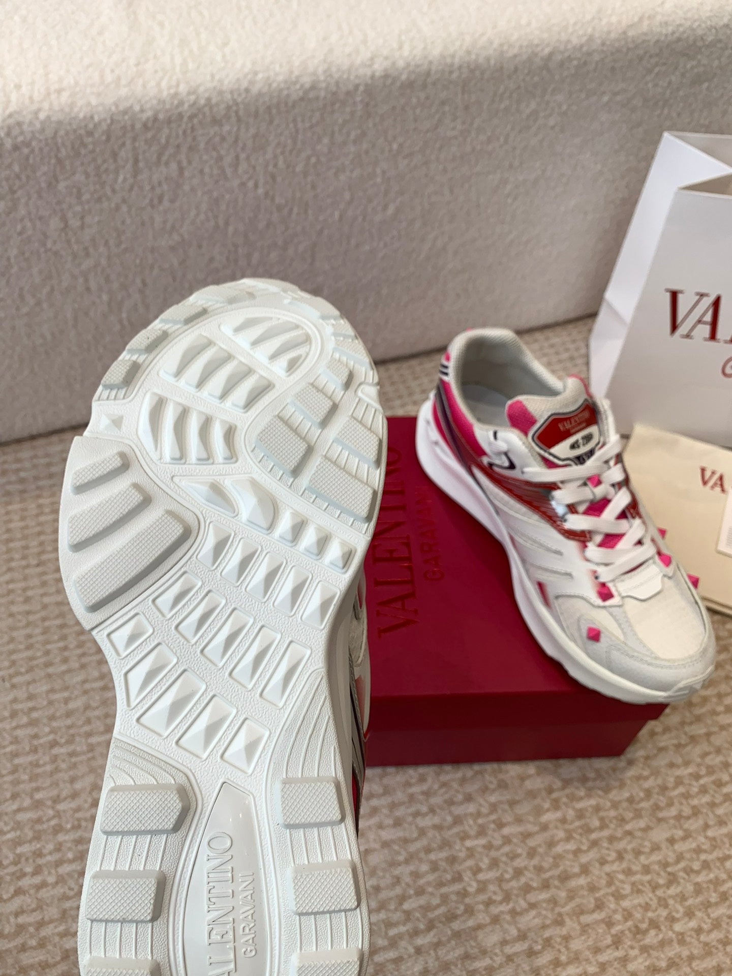 Valentino Sneaker 50mm In White Mix Red Pink Mesh Fabric And Cowhide 814276