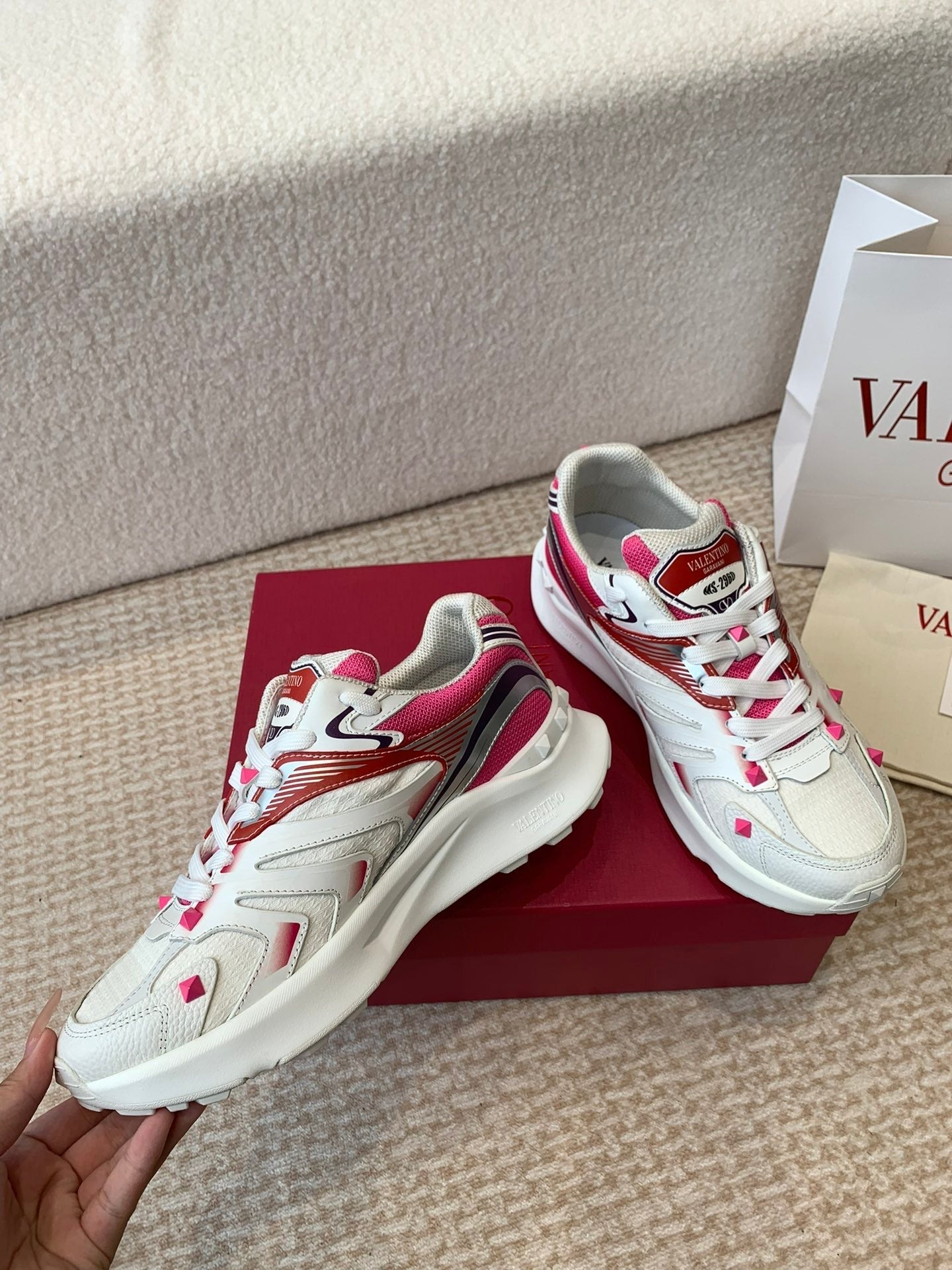 Valentino Sneaker 50mm In White Mix Red Pink Mesh Fabric And Cowhide 814276