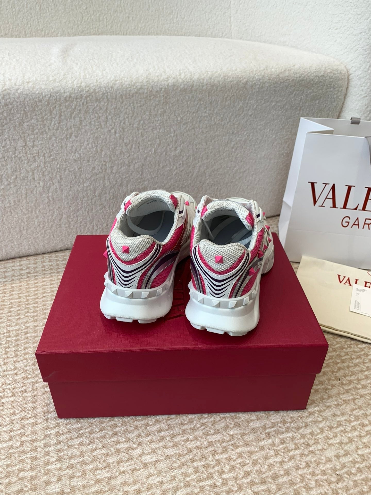 Valentino Sneaker 50mm In White Mix Red Pink Mesh Fabric And Cowhide 814276