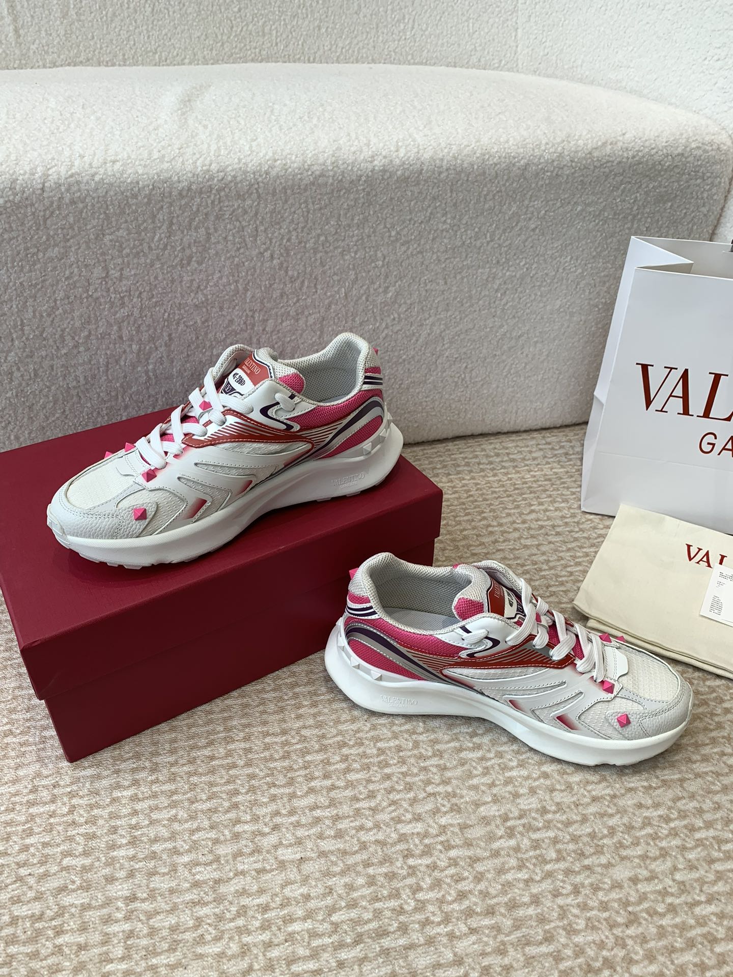 Valentino Sneaker 50mm In White Mix Red Pink Mesh Fabric And Cowhide 814276