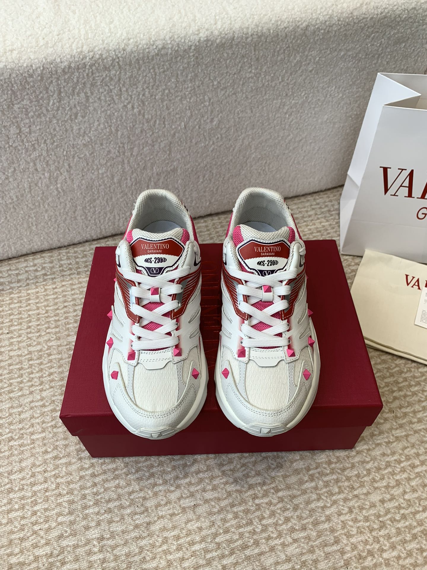 Valentino Sneaker 50mm In White Mix Red Pink Mesh Fabric And Cowhide 814276