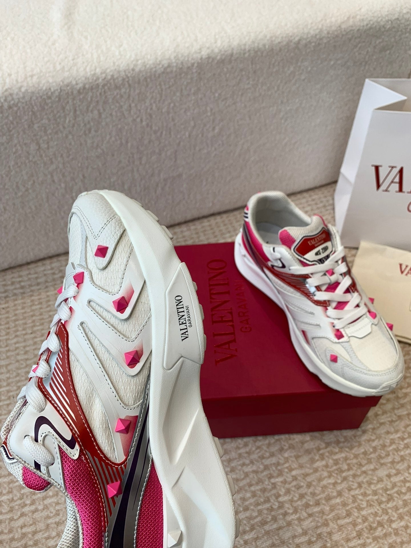 Valentino Sneaker 50mm In White Mix Red Pink Mesh Fabric And Cowhide 814276