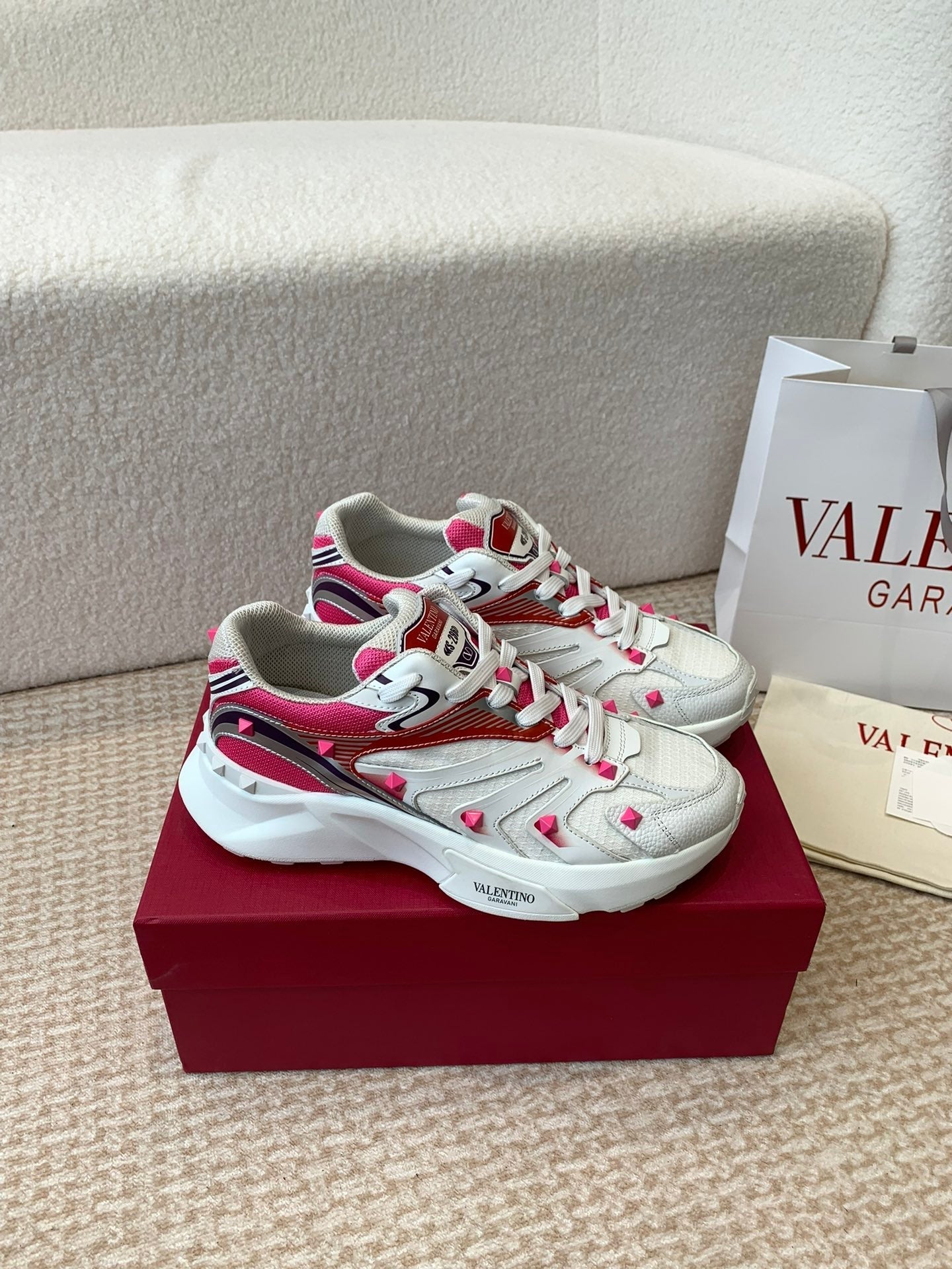 Valentino Sneaker 50mm In White Mix Red Pink Mesh Fabric And Cowhide 814276