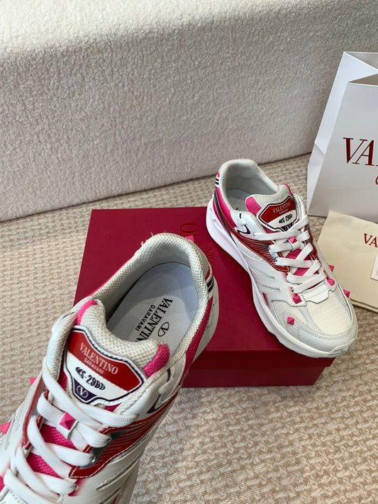 Valentino Sneaker 50mm In White Mix Red Pink Mesh Fabric And Cowhide 814276