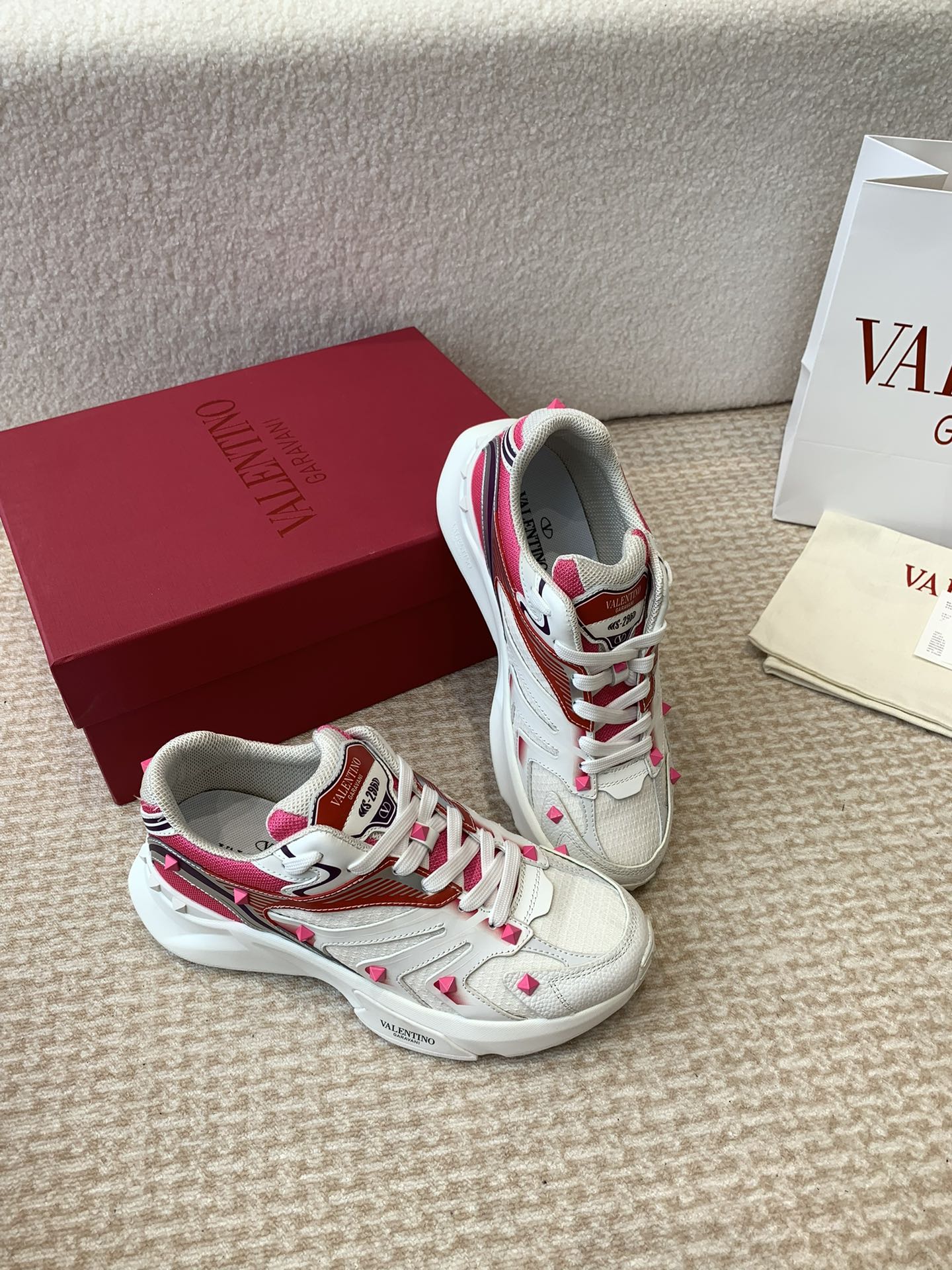 Valentino Sneaker 50mm In White Mix Red Pink Mesh Fabric And Cowhide 814276