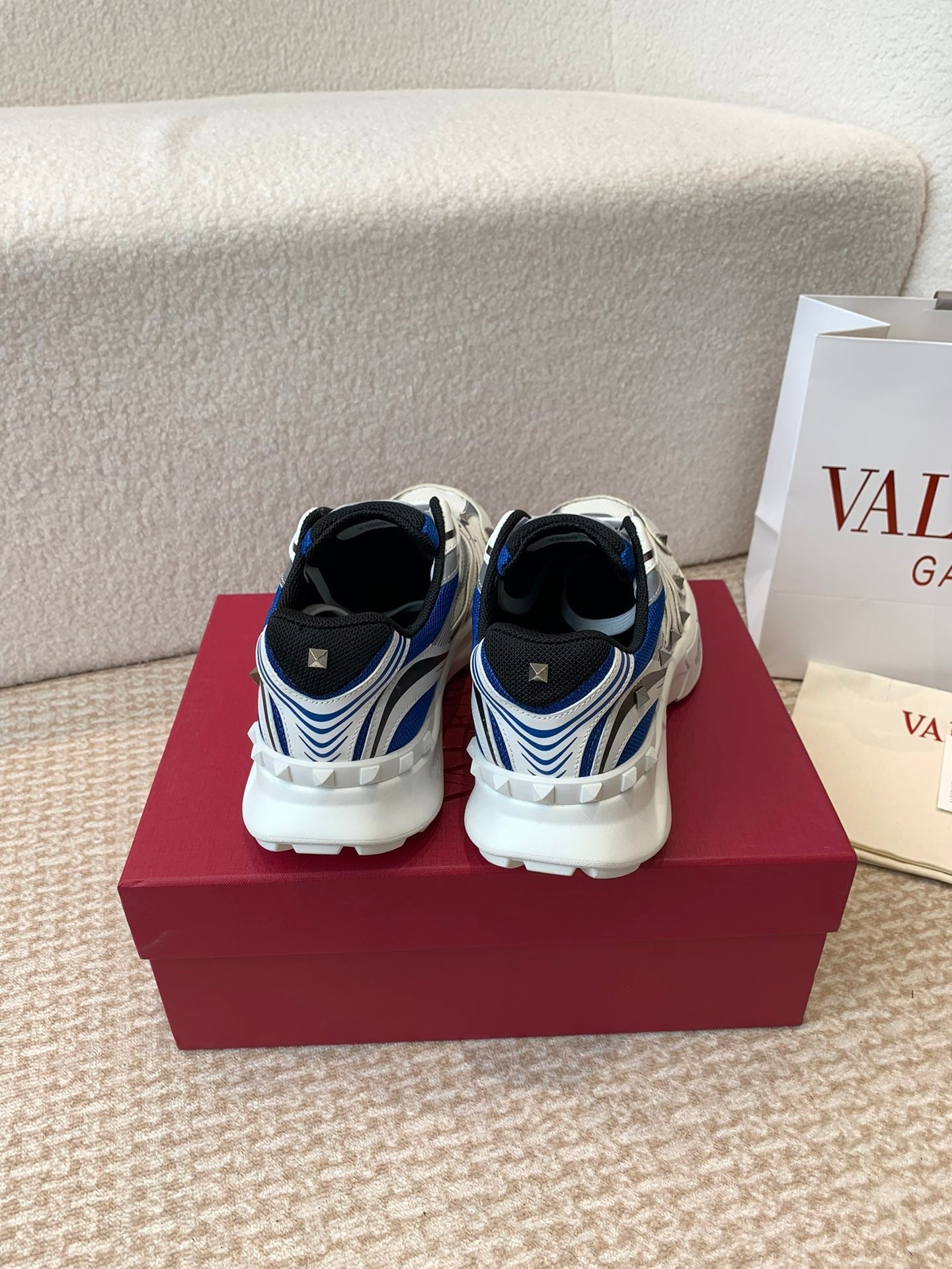 Valentino Sneaker 50mm In White Mix Grey Blue Mesh Fabric And Cowhide 814278