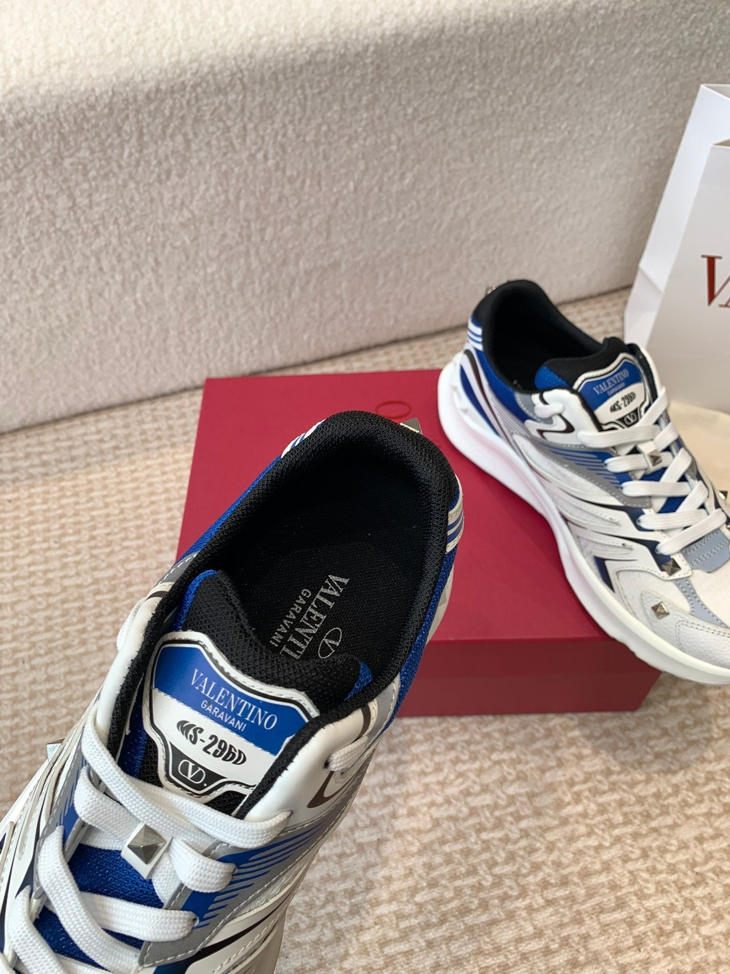 Valentino Sneaker 50mm In White Mix Grey Blue Mesh Fabric And Cowhide 814278