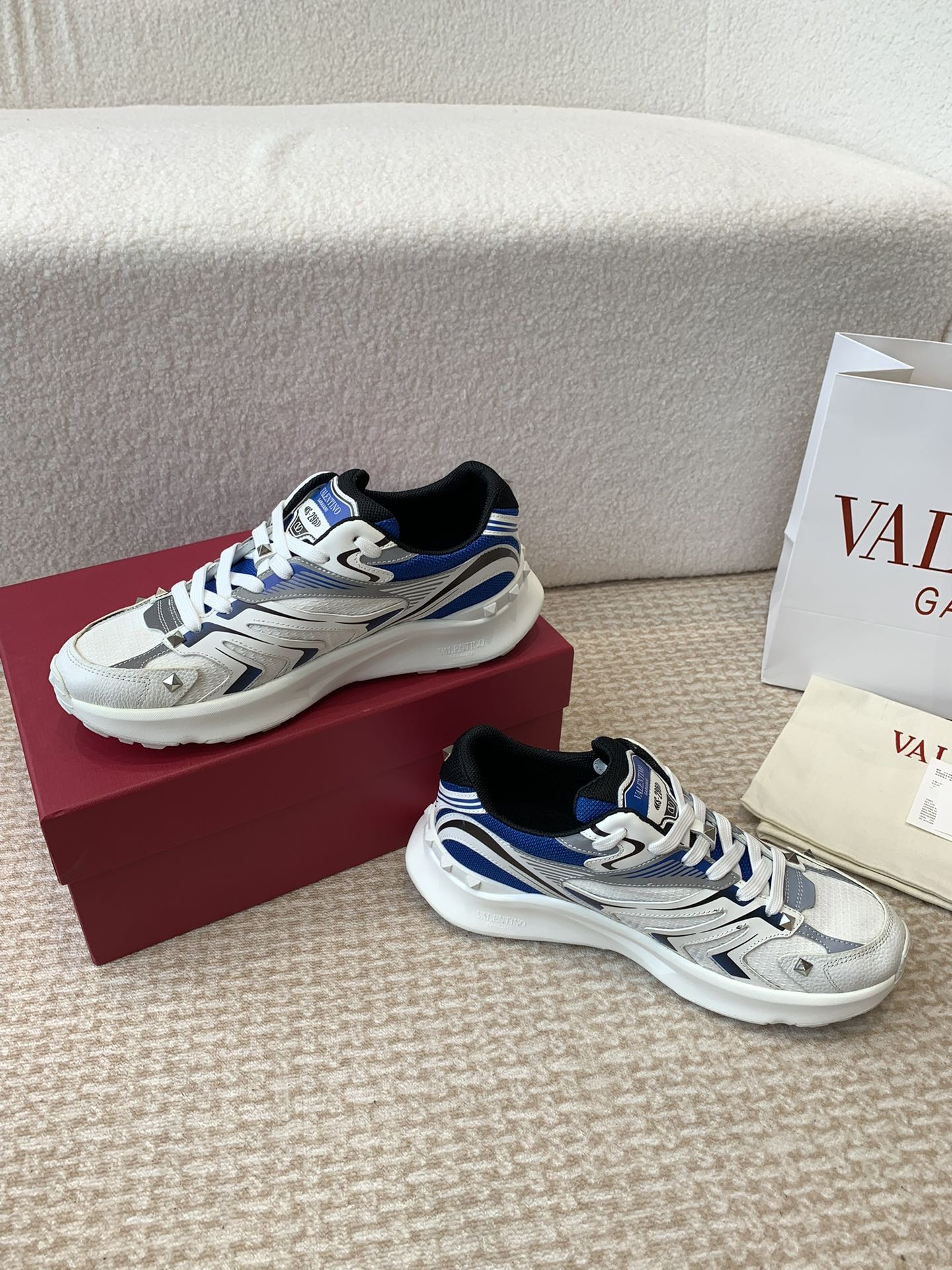 Valentino Sneaker 50mm In White Mix Grey Blue Mesh Fabric And Cowhide 814278