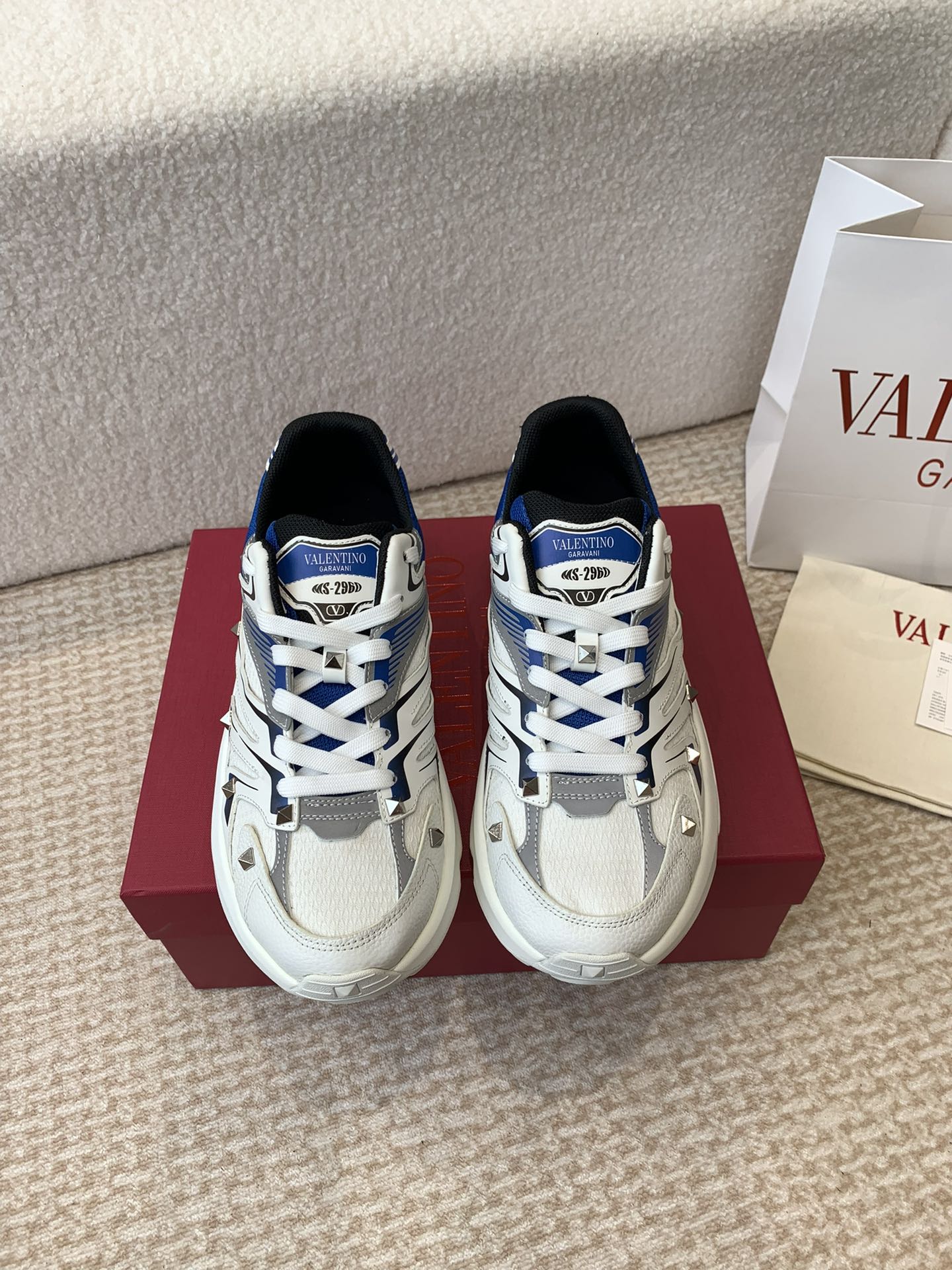 Valentino Sneaker 50mm In White Mix Grey Blue Mesh Fabric And Cowhide 814278